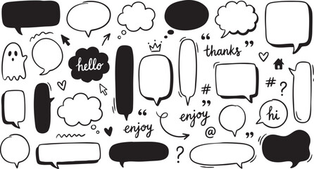 Black and white vector illustration of various speech bubbles and text boxes for graphic design and communication purposes with hello thanks and enjoy. © Ajoy