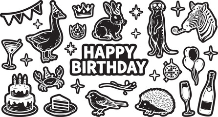 Black and white vector birthday illustration with animals and party symbols and happy birthday text in the center for celebrations and greetings © Ajoy