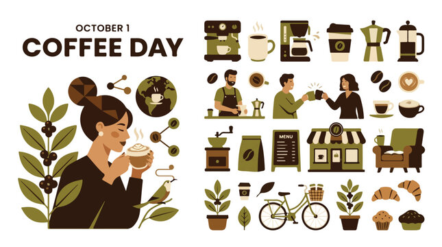 International Coffee Day vector collection, flat cafe culture icons and barista characters, brown and green coffee shop design elements