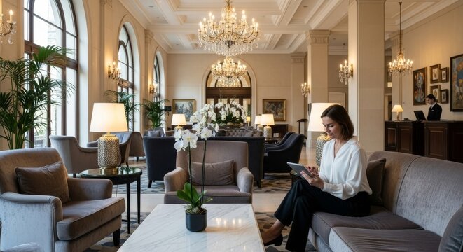 Elegant woman uses tablet in luxurious hotel lobby