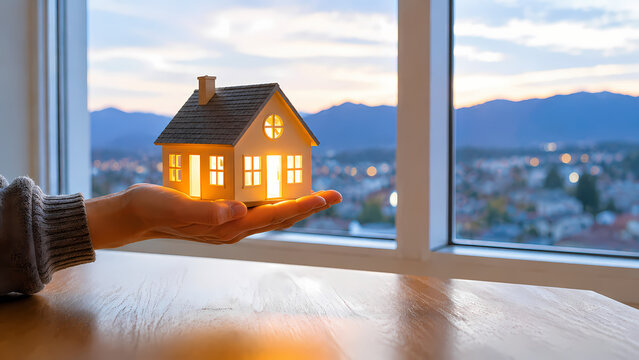 Concept de propri&eacute;t&eacute; avec maisonnette pos&eacute;e sur une main, id&eacute;al pour article, banni&egrave;re ou blog sur l&rsquo;immobilier