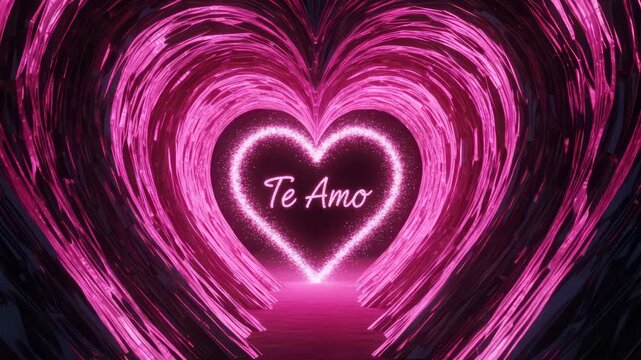 Glowing Pink Heart Tunnel with "Te Amo" Text - Romantic Abstract Background