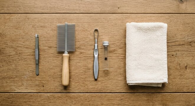 Tick removal kit for pets on wooden background, grooming tools and safety concepts