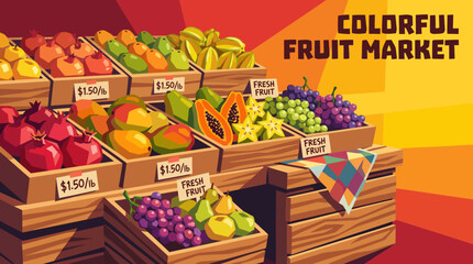 colorful fruit market food shop store retail business commerce interior display products marketplace shopping fresh produce wooden display stands © Ethan