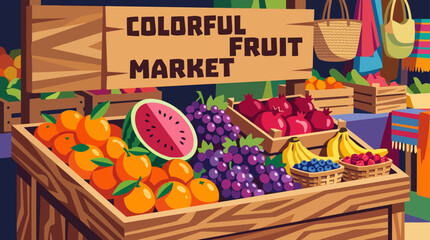 colorful fruit market food shop store retail business commerce interior display products marketplace shopping fresh produce wooden display stands © Ethan