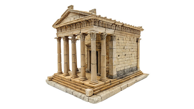 Miniature model replica of an ancient Greek temple ruin with classic columns isolated on transparent background