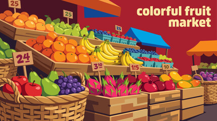 colorful fruit market food shop store retail business commerce interior display products marketplace shopping fresh produce wooden display stands © Ethan