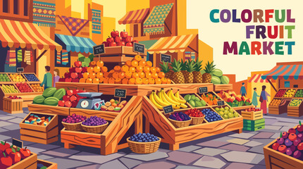 colorful fruit market food shop store retail business commerce interior display products marketplace shopping fresh produce wooden display stands © Ethan