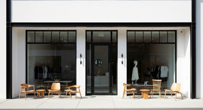 Modern minimalist boutique storefront with minimalist wooden chairs and tables displayed outside.