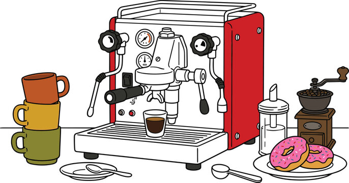 Retro coffee shop barista station scene vector with steel espresso maker portalfilter glass shot cup hand crank grinder and sweet glazed donuts