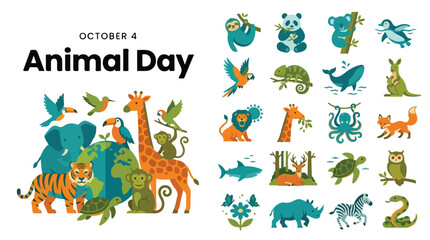 Obraz premium World Animal Day banner with 20 wildlife icons, flat vector illustration for October 4, diverse zoo and jungle animal collection for conservation