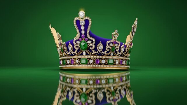 Luxurious Regal Crowns with Jewels Displayed on a Green Reflective Surface Animation