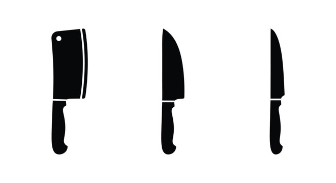 Black silhouette collection of cleaver utility knife and paring knife against white background