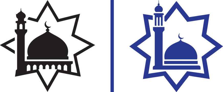 Mosque icons with minaret and dome inside eight-pointed stars black and blue vector silhouettes for Islamic religious design