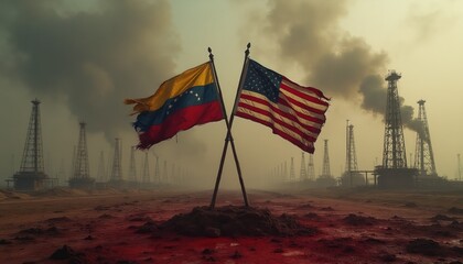 Fototapeta premium Venezuela and USA flags crossed over oil derricks. Industrial oilfield landscape with smoke stacks suggests resource conflict and foreign relations challenges. Nations in energy sector.