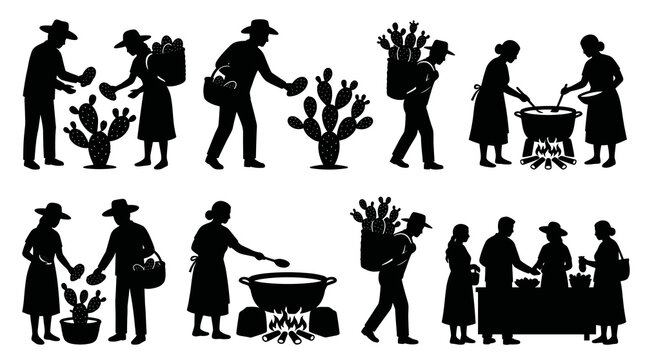 Black silhouette of farmers harvesting and cooking nopal cactus vector illustration showing rural agricultural life traditional food preparation and people working with desert plant.