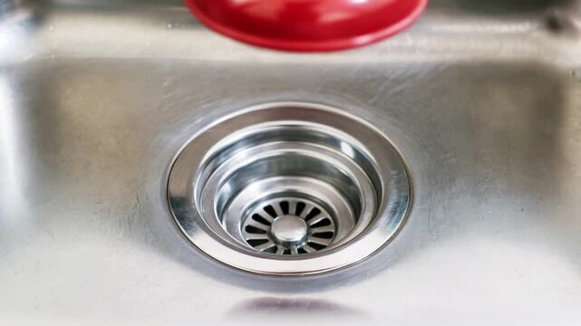 Red rubber plunger positioned above a stainless steel sink drain, showcasing the action of unclogging with a focus on the tool and its surroundings