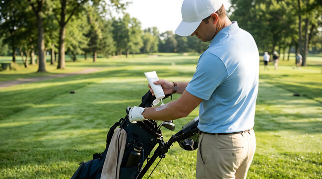Male Golfer Applying Sunscreen for Skin Protection on Sunny Course. Outdoor Sports Sun Safety & UV Shield for Golfers