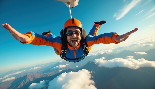 Man with open mouth leaps from plane in skydiving jump. He wears helmet sunglasses and bright suit, arms spread wide above clouds and mountains. Freedom exhilaration.