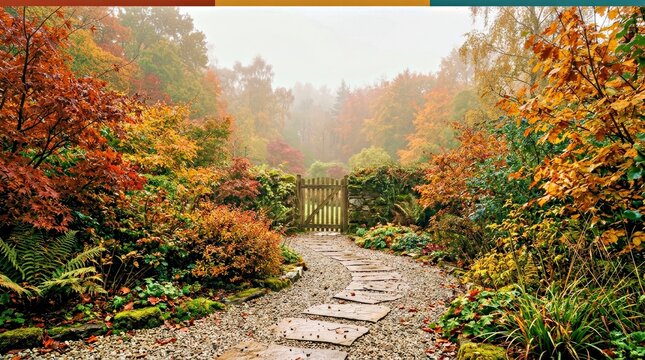 Autumn Garden Pathway Leading to Wooden Gate Surrounded by Fall Foliage and Greenery