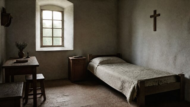 dormitory. Simple monastery dormitory with wooden bed and coarse linen sheets. event programs, museum guides, designed for cultural heritage projects and event programs, preserves heritage.