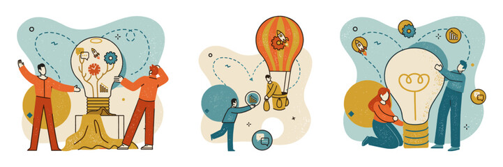 Creative innovation and idea development concept illustrations with innovation brainstorming creativity development lightbulb business solution inspiration teamwork strategy planning © Domestock