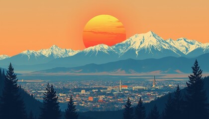 Naklejka premium Cityscape with snow capped mountains in background at sunset. Retro graphic style illustration urban sprawl, natural beauty. Orange sky with large sun illuminates city, peaks. Trees frame foreground.