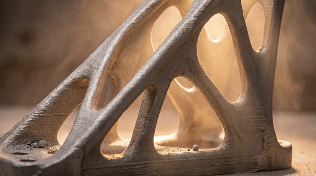 Cinematic close up of a topology optimized metal 3d printed structural bracket with warm backlighting