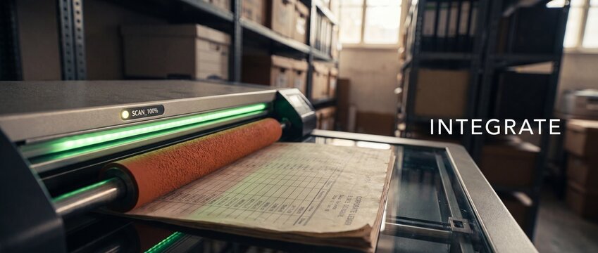 Document scanner digitizing paper records processing aged archive ledgers in storage warehouse facility office, symbolizing data integration, efficient workplace technology, and records preservation.