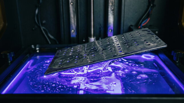Close up of a perforated metal build plate lifting out of a viscous liquid resin bath illuminated by a glowing purple UV mask screen inside a 3d printer