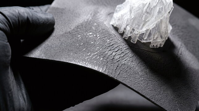 Cinematic macro shot of a black gloved hand bending a flexible textured build plate