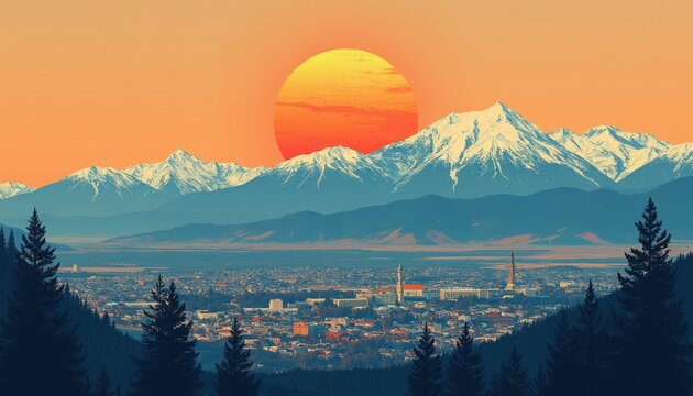 Cityscape with snow capped mountains in background at sunset. Retro graphic style illustration urban sprawl, natural beauty. Orange sky with large sun illuminates city, peaks. Trees frame foreground.