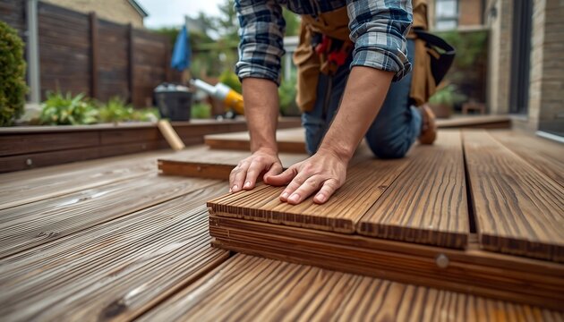 Closeup of a carpenter installing wooden deck planks outdoors, focusing on hands and precision craftsmanship in a residential backyard setting