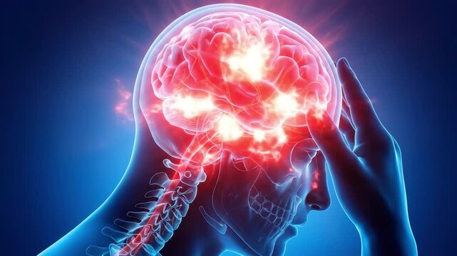 3D illustration of human brain pain and migraine. Suitable for medical education, science video, healthcare presentation, and documentary.