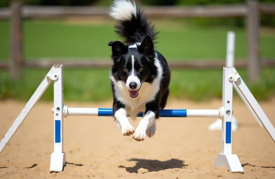 Border collie dog jumps over agility hurdle during training class. Energetic canine athlete shows speed and focus in outdoor competition. Dog sport, obedience training, pet activity.