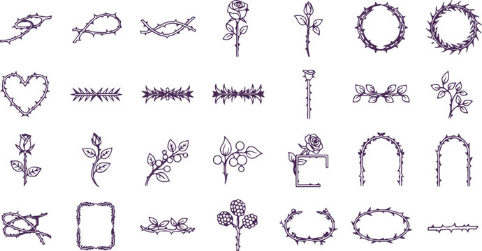 Floral and thorny decorative elements rose branches leaves thorns arches frames for elegant designs.