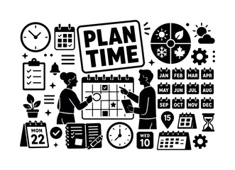 Fototapeta premium Calendar Time Seasons. Solid glyph stock banner of calendar time seasons date week months day year settings: oversized yearly calendar and season wheel with two planners scheduling dates, clock, month
