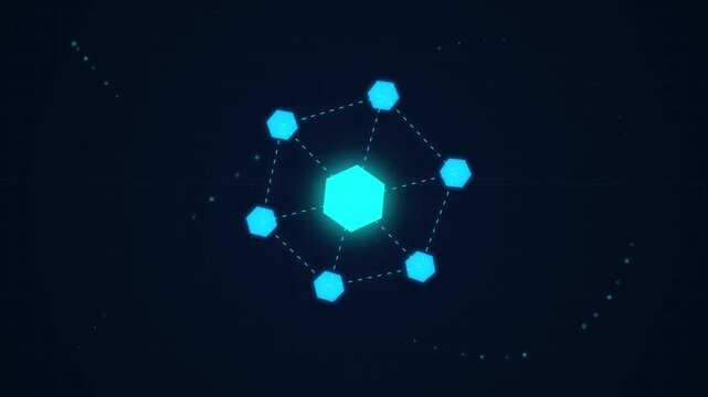 Abstract glowing blue hexagon network connecting nodes on dark background.
