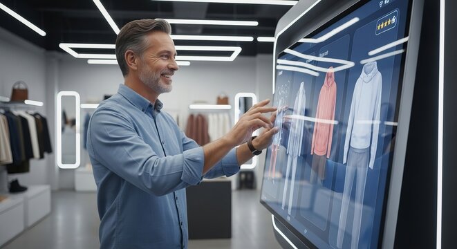 Smiling man in blue shirt browsing digital clothing on touchscreen in modern store