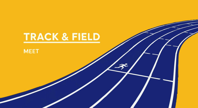 Track and field meet with a blue running track, white lane markings, and a runner against a solid yellow background