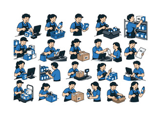 Fototapeta premium Barcode Scan Market collection of digital illustrations with 12?20 small character-driven checkout scenes across the full canvas, varied scale, uneven distribution, no grid, no overlap, people
