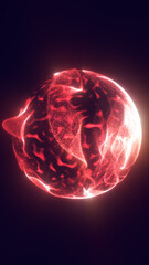 Fototapeta premium Red glowing plasma sphere with organic cellular patterns and cosmic energy, floating on a dark futuristic background.