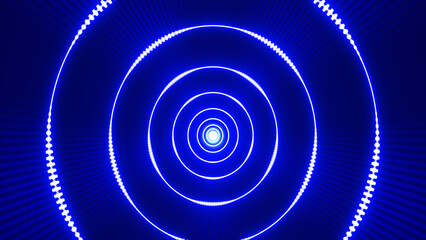 Fototapeta premium Abstract blue concentric rings glowing from the center with radiant lines, creating a futuristic tunnel or target effect.
