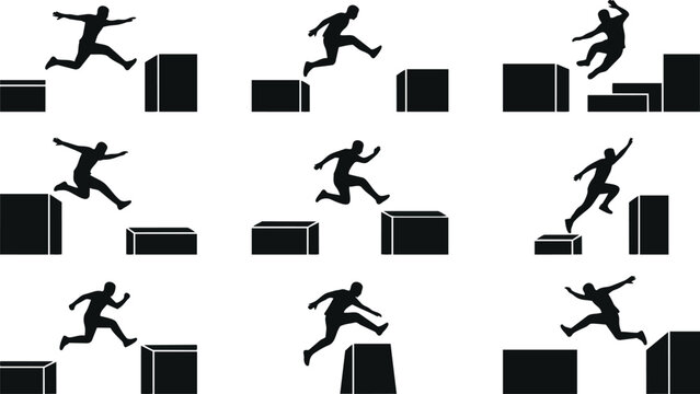 A silhouette of a man jumping over obstacles in a challenging course silhouette
