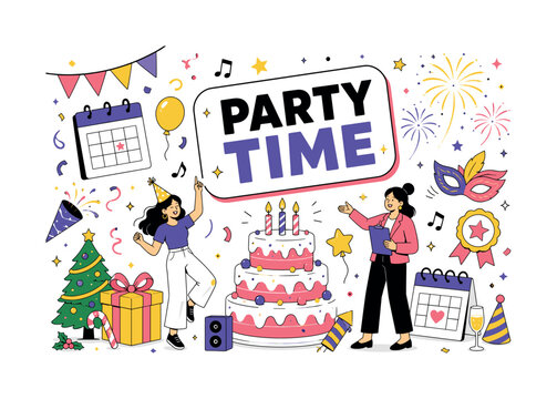 Celebration Party Holidays. Editorial banner with dancer and party planner beside oversized birthday cake and new year fireworks, with christmas gift, event calendar, music note, carnival mask, and
