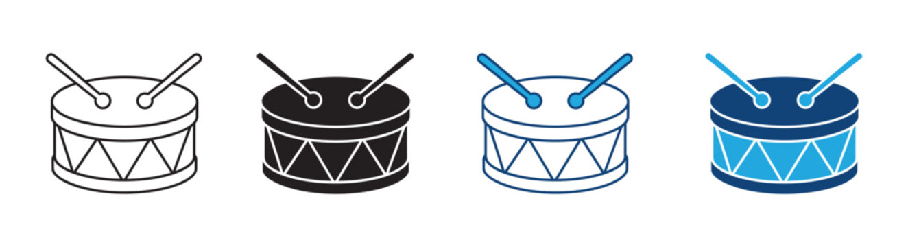 Drum and drumstick icon set. Drum sticks symbol, toy, music. Hitting drum music icon, drum band concept , Vector illustration.