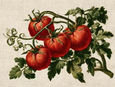 Illustration of Red Tomatoes and Green Leaves on a Vine, Vintage Style