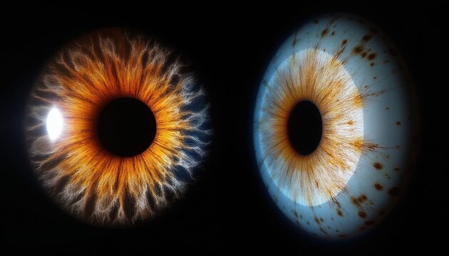 Two human irises displayed side by side in close-up. One shows bright golden-orange iris with intricate patterns. Iris exhibits lighter blueish hue with brown speckles. Both eyes detailed against