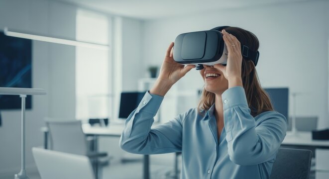 Smiling young woman in blue shirt using VR headset in modern office