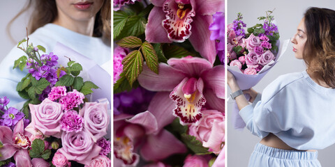 Beautiful bouquet of purple flowers in a womans hands. Floral background for florist advertising, greeting cards and seasonal design. Set of spring bouquets. Set of spring bouquets © XeniaDenisova